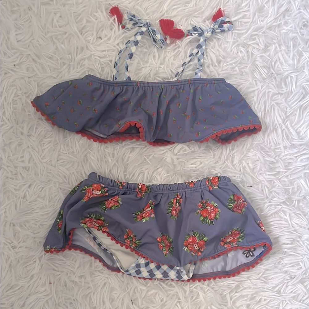 Matilda Jane Kids Swim Bikini - Blue Gingham with Red Floral Accents